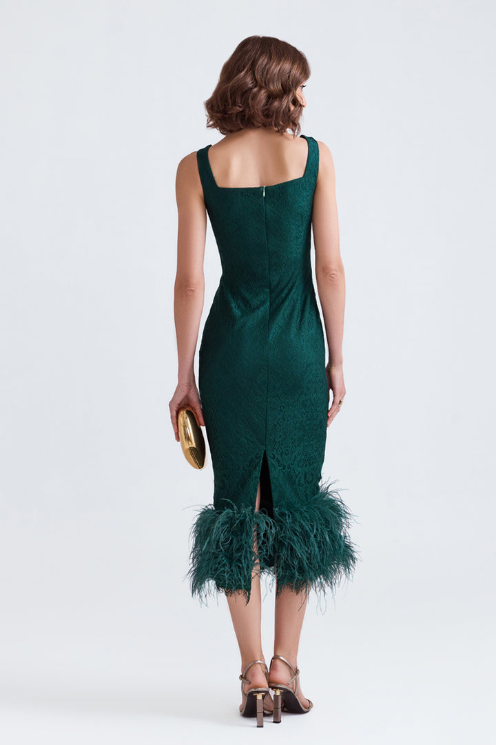 Zoe Green Lace Midi Dress With Feathers