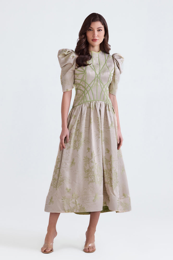 Lila Green Jacquard Flared Midi