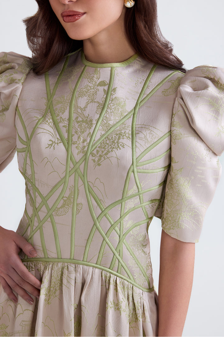 Lila Green Jacquard Flared Midi