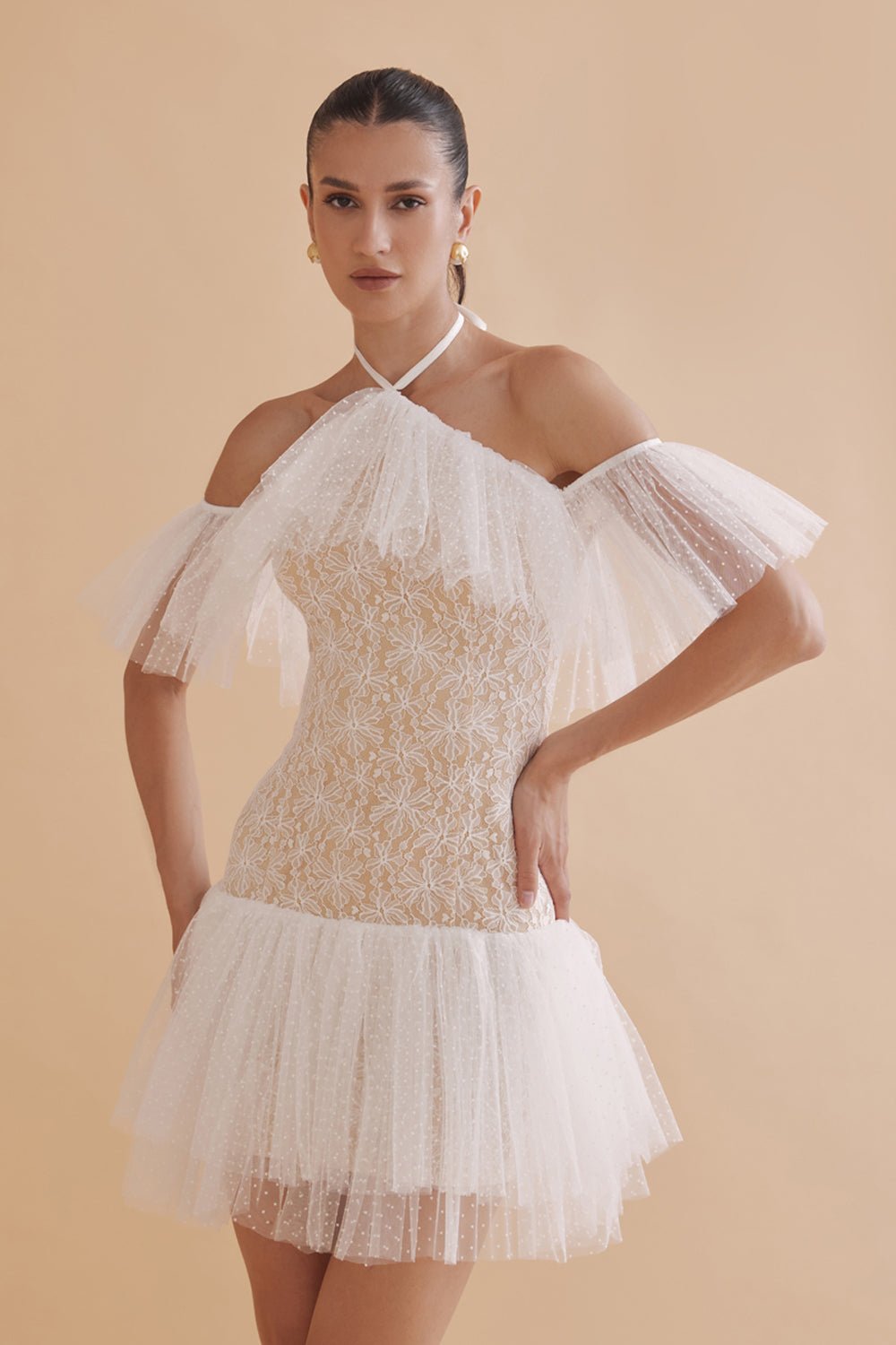 Alessandro White Lace Halter Mini Dress - Zabella