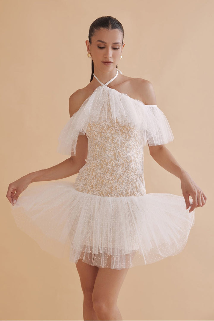 Alessandro White Lace Halter Mini Dress - Zabella