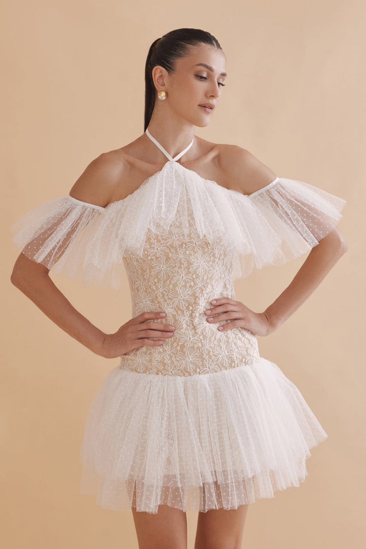 Alessandro White Lace Halter Mini Dress - Zabella