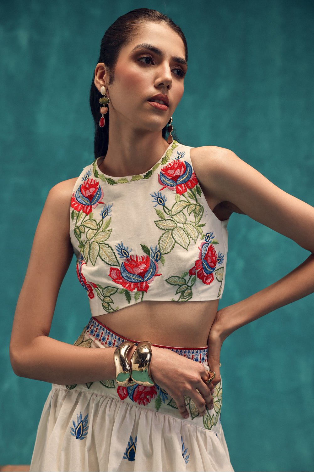 Blush Embroidered Cotton Skirt & Top Set - Zabella