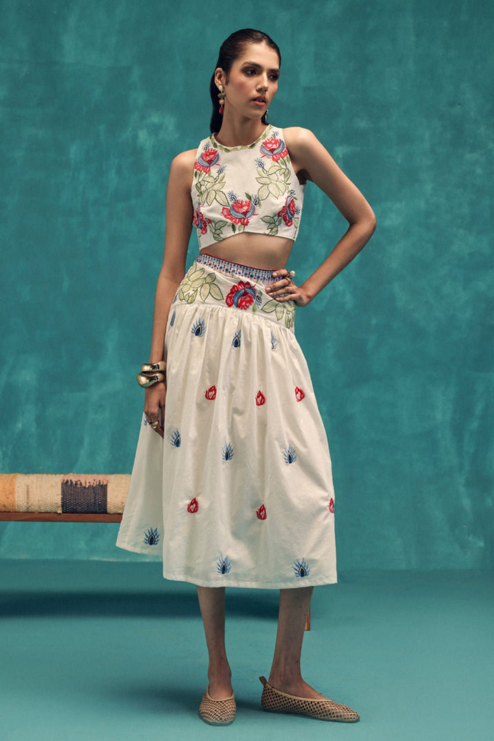 Blush Embroidered Cotton Skirt & Top Set - Zabella