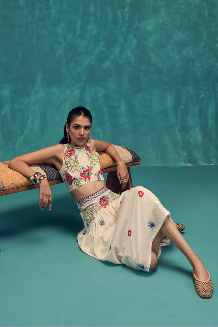 Blush Embroidered Cotton Skirt & Top Set - Zabella
