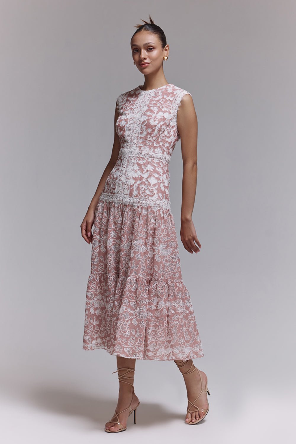 Kylie Apricot Lace Midi Dress - Zabella