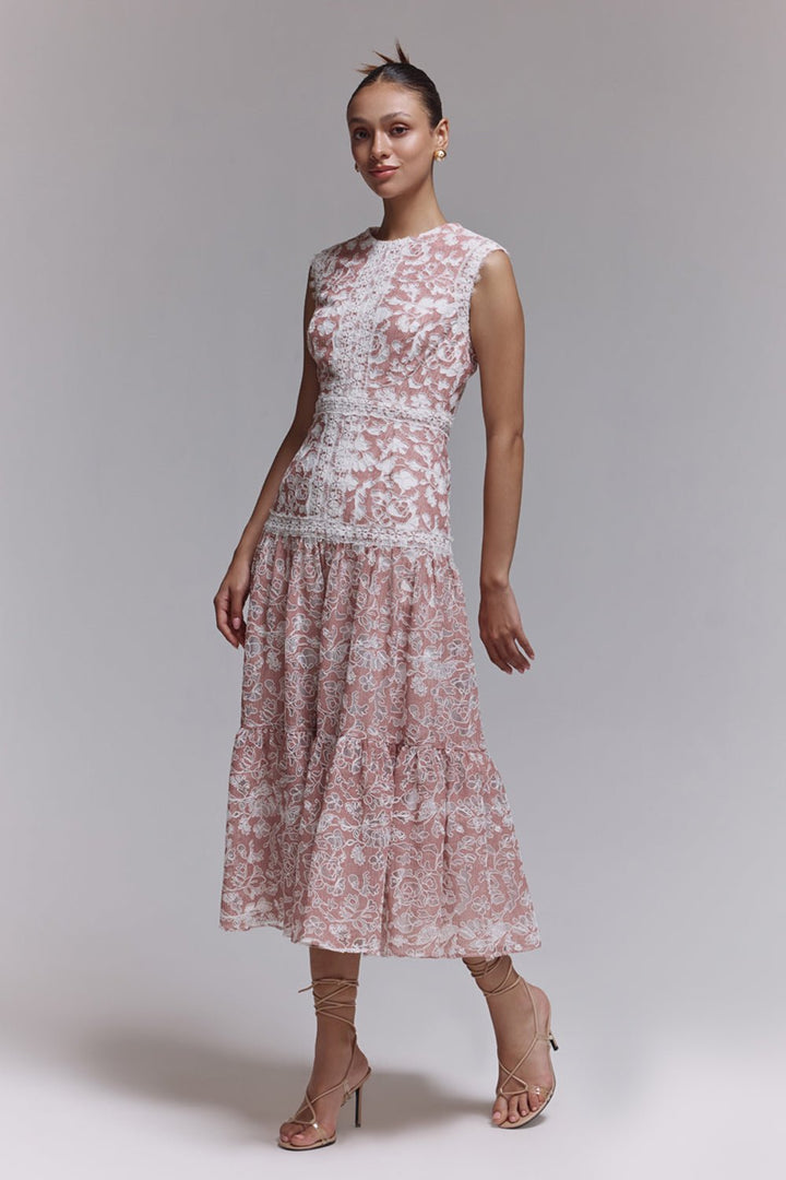 Kylie Apricot Lace Midi Dress - Zabella