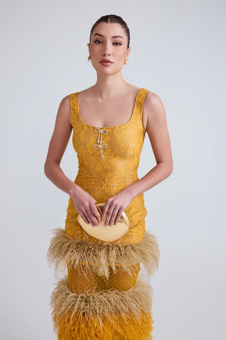 Lareta Lace and Feather Midi Dress - Zabella