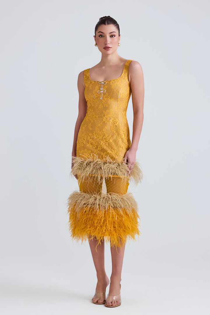 Lareta Lace and Feather Midi Dress - Zabella