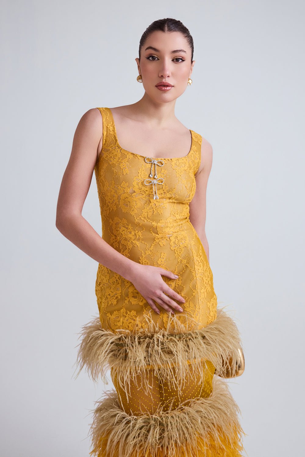 Lareta Lace and Feather Midi Dress - Zabella