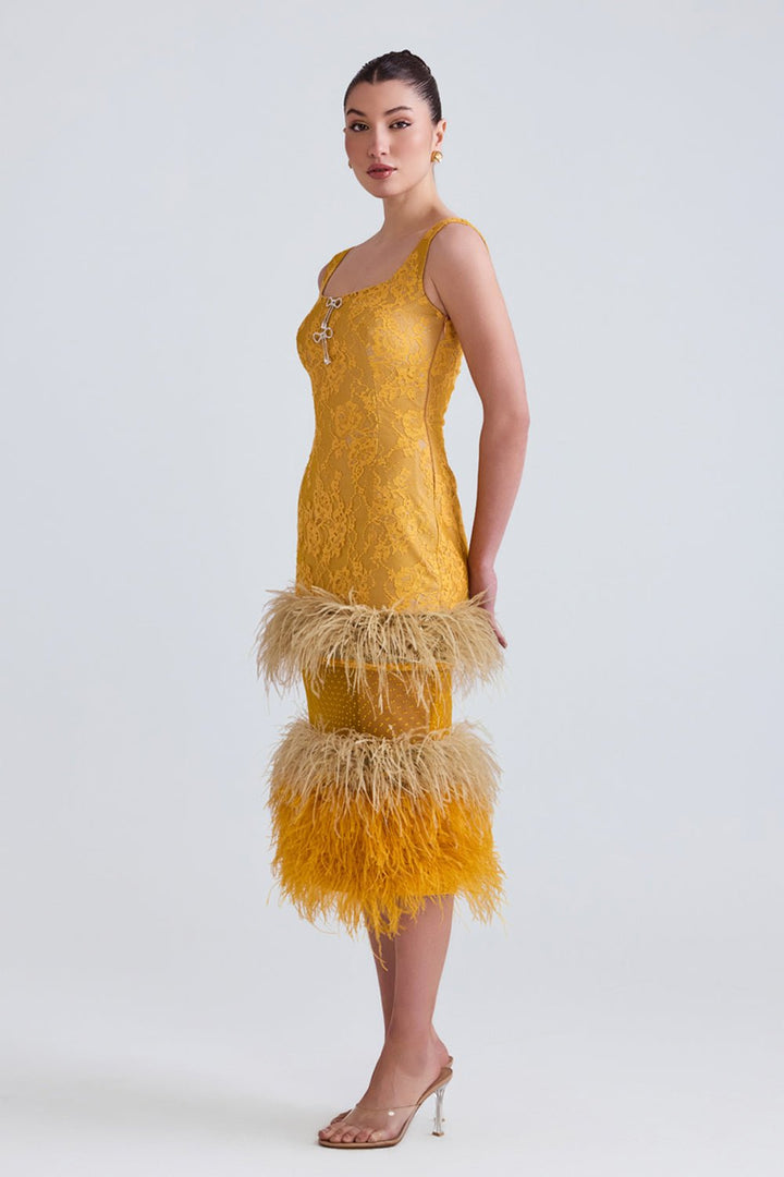 Lareta Lace and Feather Midi Dress - Zabella