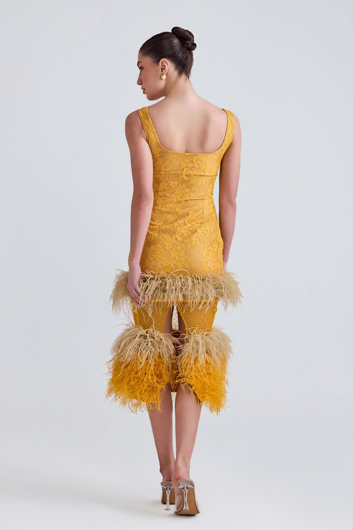 Lareta Lace and Feather Midi Dress - Zabella