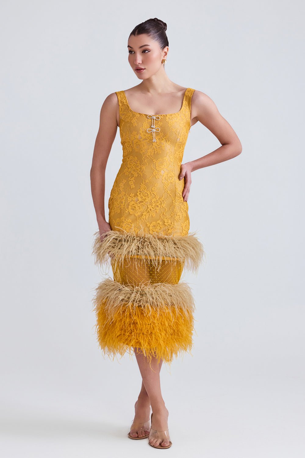 Lareta Lace and Feather Midi Dress - Zabella