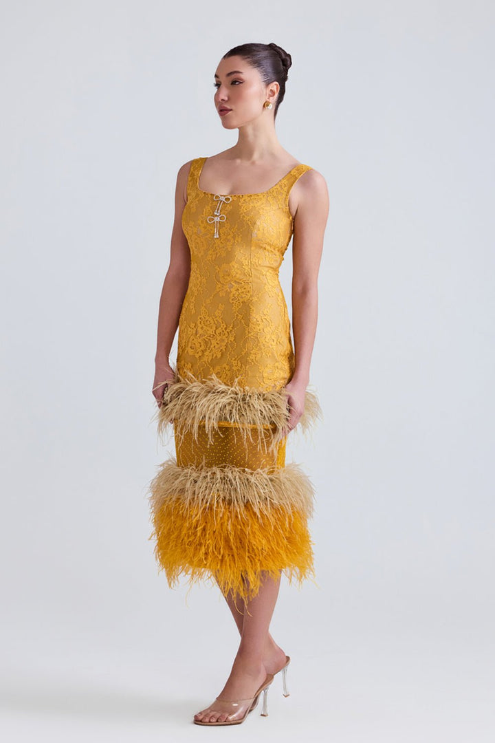 Lareta Lace and Feather Midi Dress - Zabella
