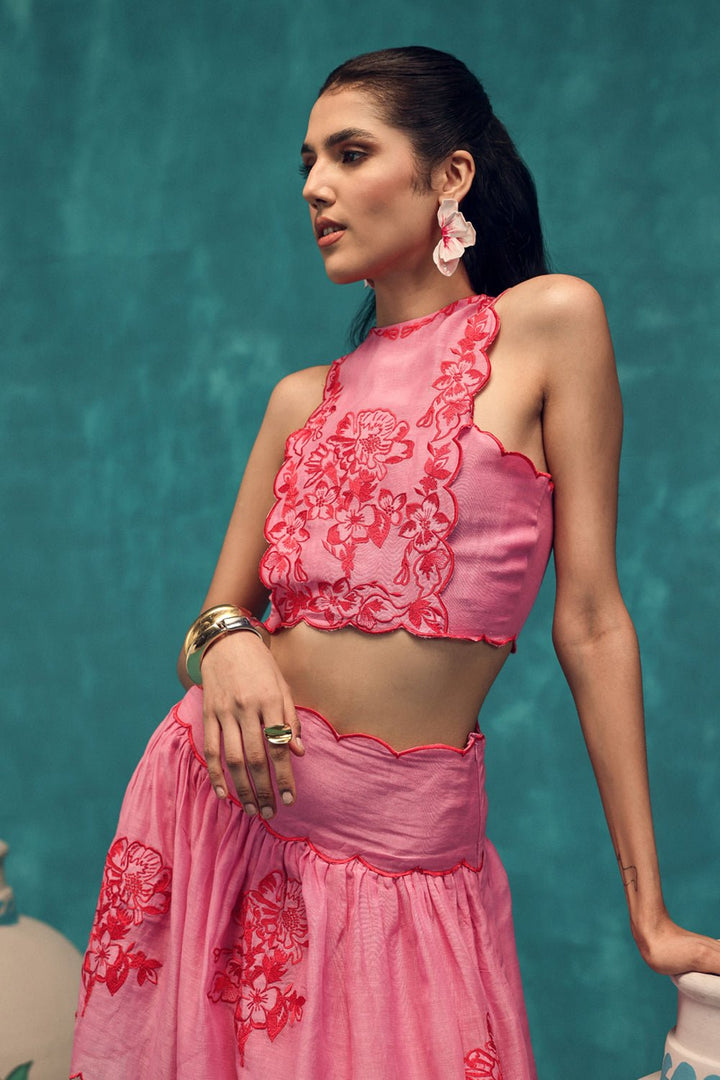 Rose Embroidered Cotton Skirt & Top Set - Zabella