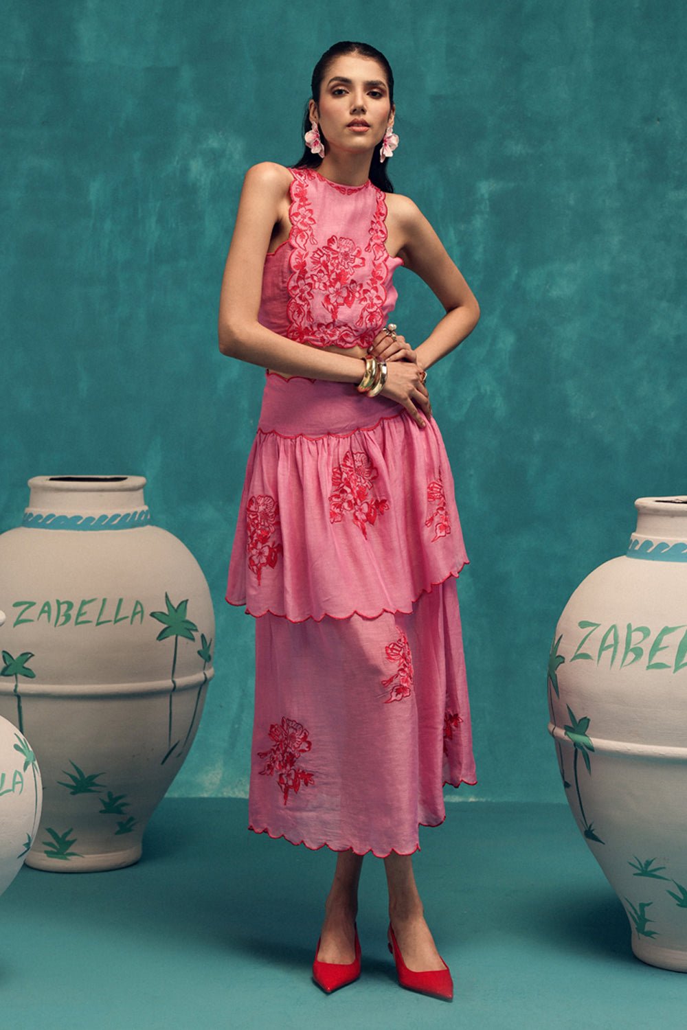 Rose Embroidered Cotton Skirt & Top Set - Zabella