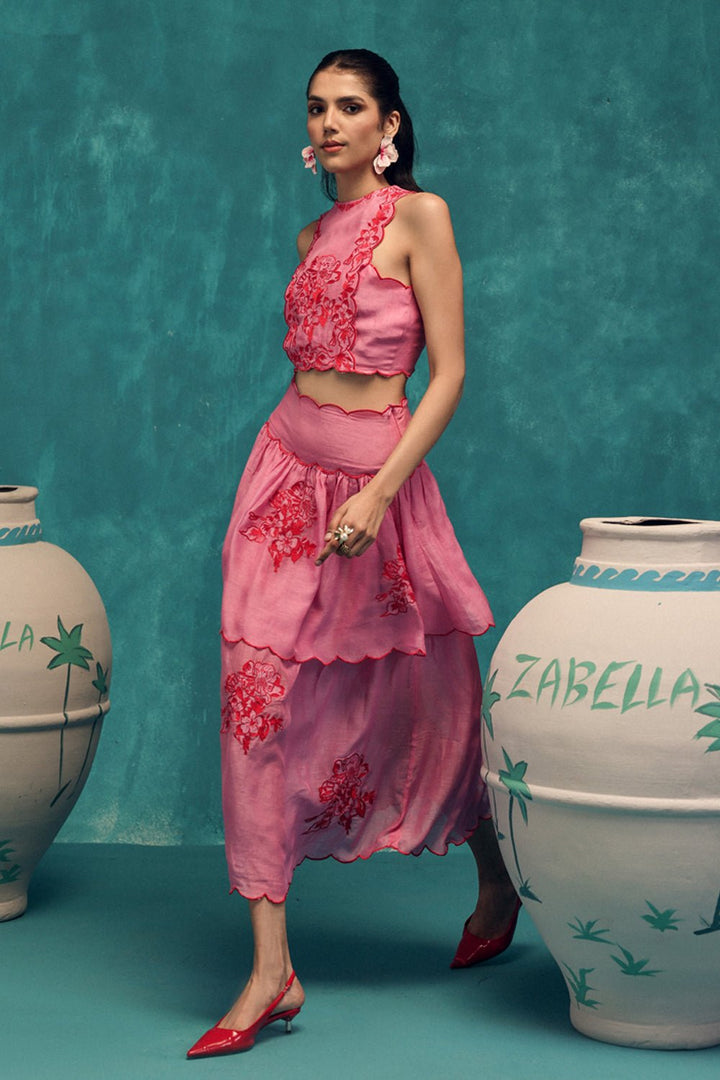 Rose Embroidered Cotton Skirt & Top Set - Zabella