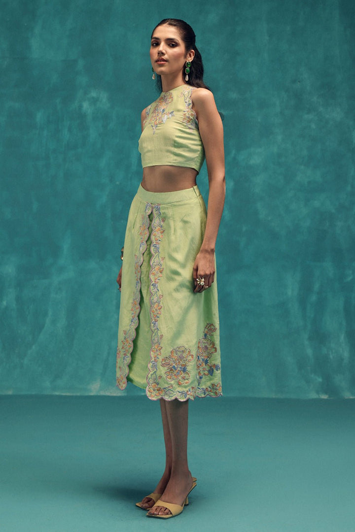 Serene Embroidered Linen Skirt & Top Set - Zabella