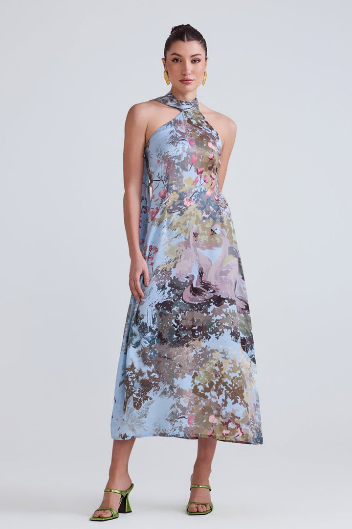 Swan Blue Satin Midi Dress - Zabella