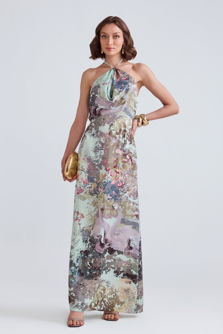 Swan Green Satin Maxi Dress - Zabella
