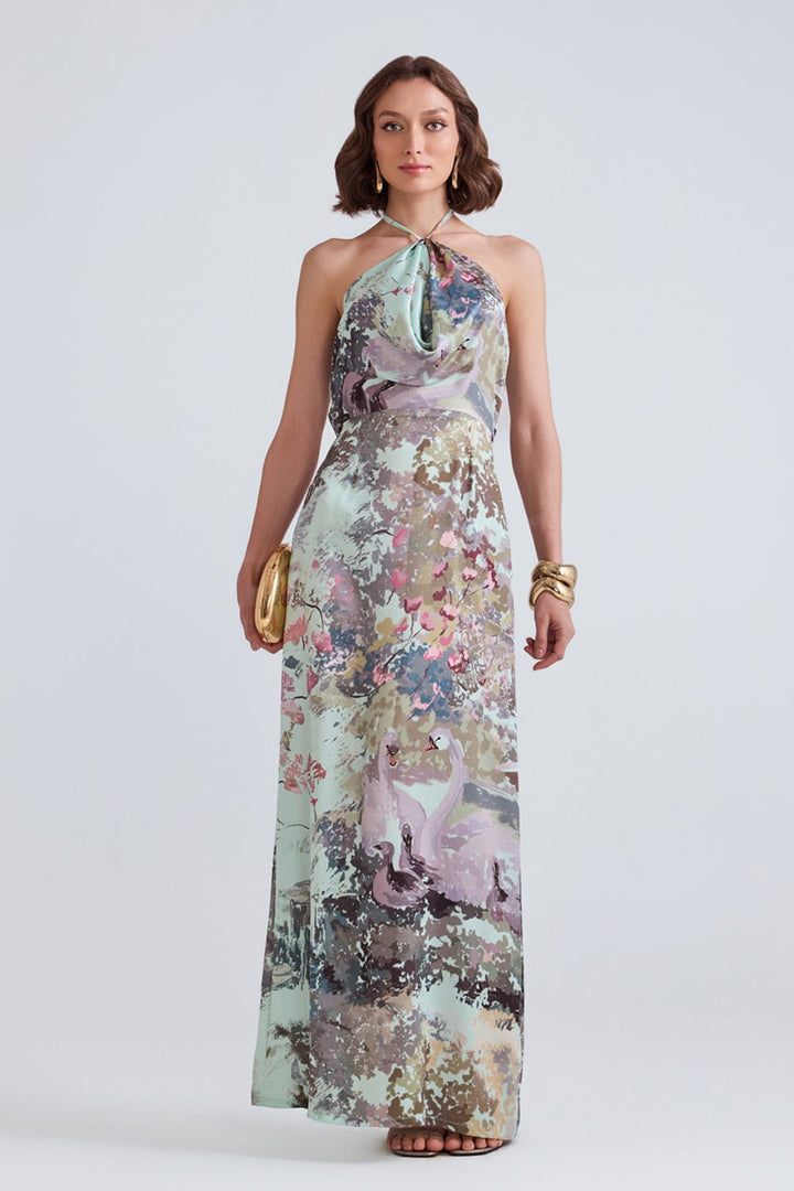 Swan Green Satin Maxi Dress - Zabella