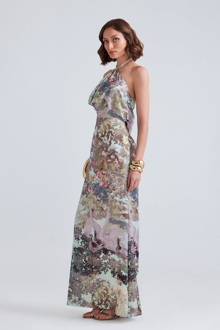 Swan Green Satin Maxi Dress - Zabella