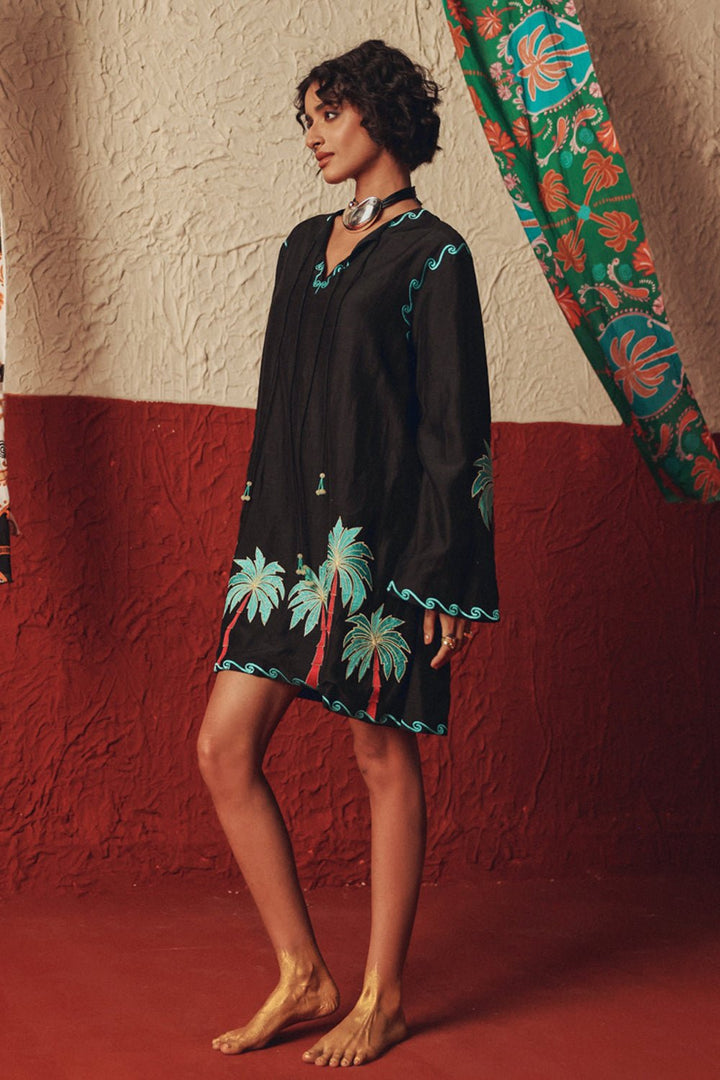 Wild Roots Black Handcrafted Linen Mini Dress - Zabella