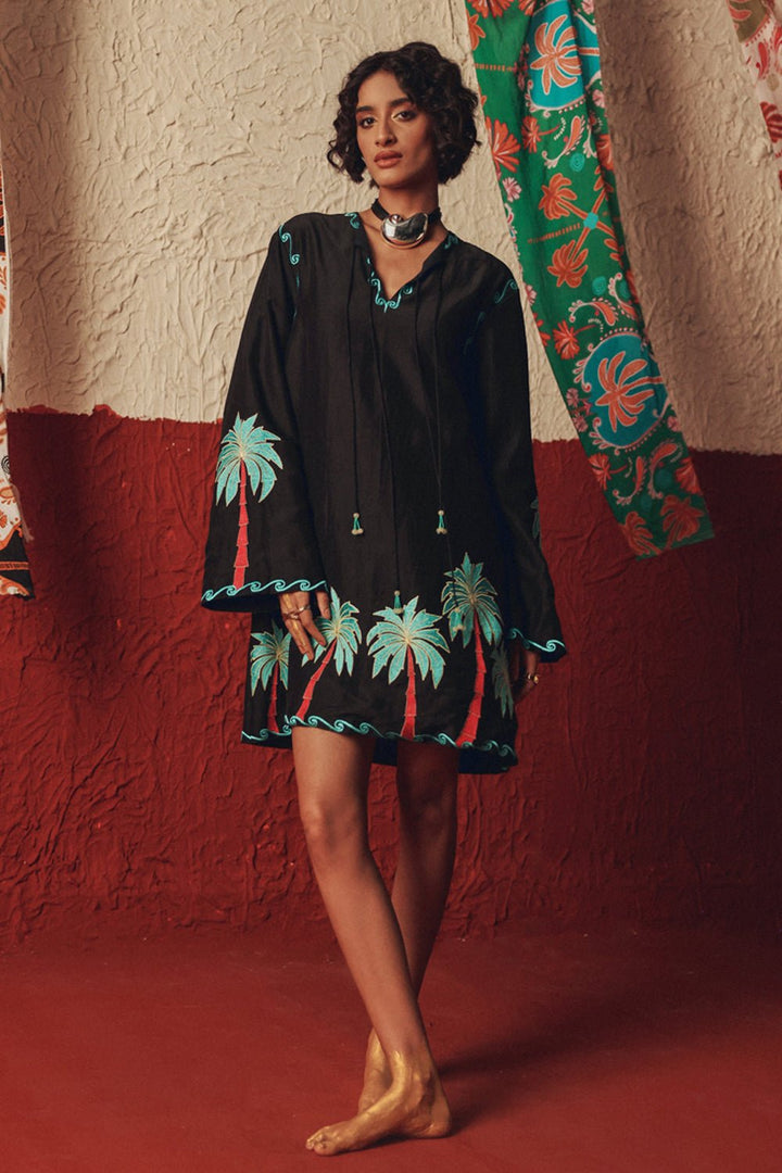 Wild Roots Black Handcrafted Linen Mini Dress - Zabella