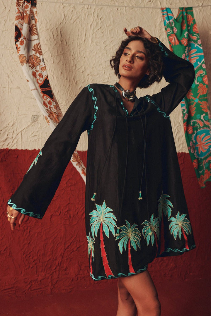 Wild Roots Black Handcrafted Linen Mini Dress - Zabella