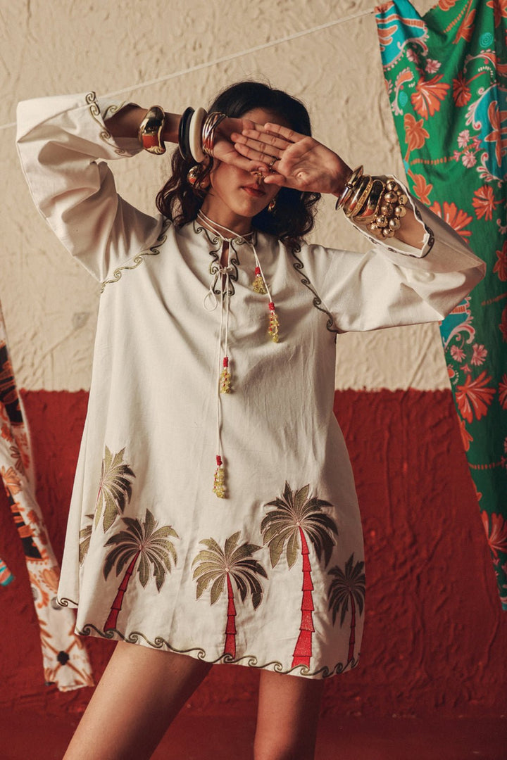 Wild Roots White Handcrafted Linen Mini Dress - Zabella