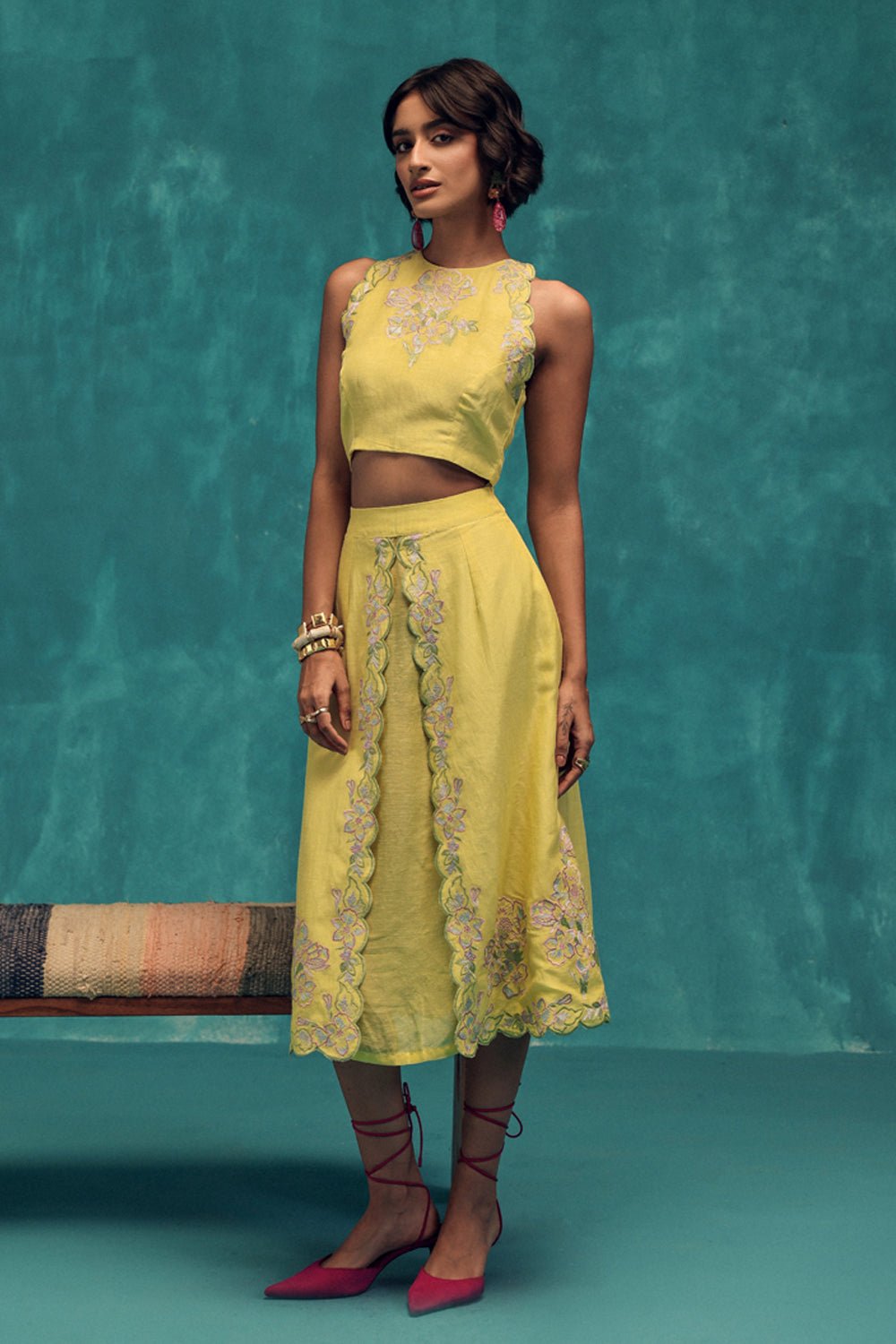 Willow Embroidered Linen Skirt & Top Set - Zabella